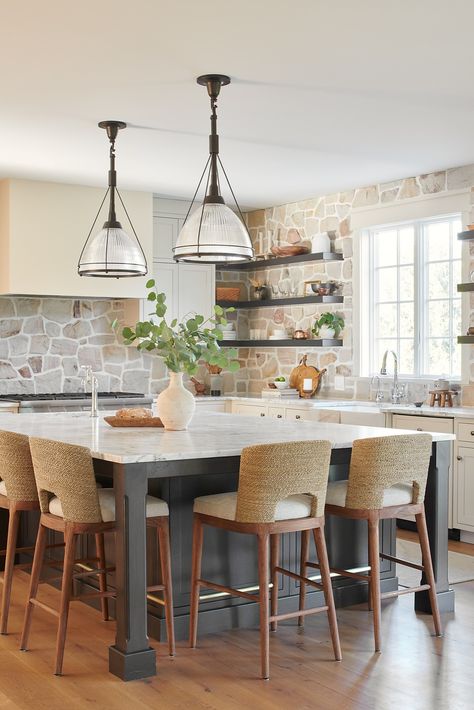 How to Rock a Rough Stone Kitchen Backsplash or Accent Wall Stone And Tile Backsplash, Mixed Woods In Kitchen, Stone Veneer Backsplash, Accent Wall Rustic, Stone Kitchen Backsplash, Rock Backsplash, Natural Stone Kitchen, Natural Stone Backsplash, Stone Backsplash Kitchen