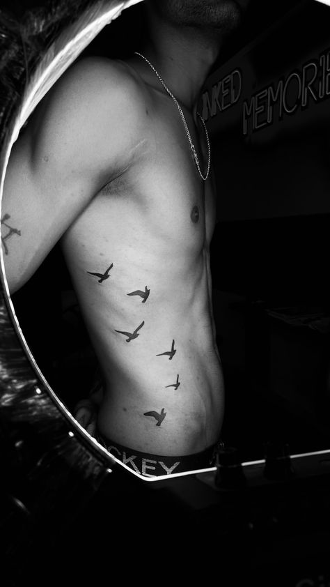 Birds On Side Tattoo Men, Bird Tattoo Ideas For Men, Birds On Ribs Tattoo, Men’s Bird Tattoo, Rib Tattoo Ideas For Men, Flying Bird Tattoo Men, Birds Arm Tattoo, Black Guy Tattoos, Birds Tattoo Men