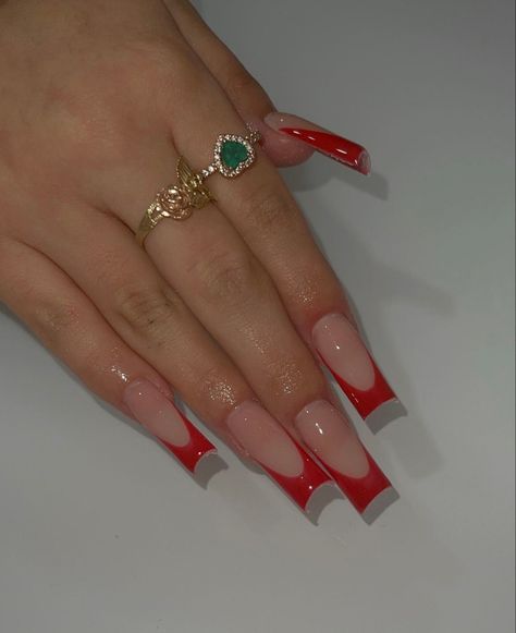 Red Nails V Tip, Valentines Square Acrylic Nails, Long Square French Tip Acrylic Nails, Long Acrylic Nail Designs Red, Red French Tip Nails With Diamonds, Acrylic Nails With Bf Initials Red, Red Acrylic French Tips, Red Set Nails, Red And White Acrylics