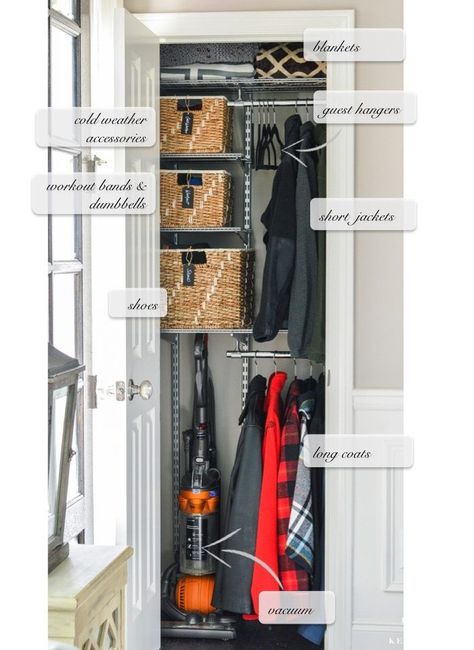 Organized Foyer Coat Closet- Before and After Makeover - Kelley Nan Coat Closet Organization Front Entry, Hall Closet Organization, Coat Closet Makeover, Coat Closet Ideas, Small Coat Closet, Cleaning Closet Organization, Organiser Son Dressing, Closet Storage Space, Front Closet