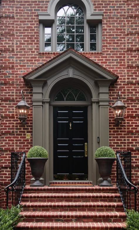 Everything You Need to Paint A Front Door - Chris Loves Julia Front Door With Brown Brick, Door Color On Black House, Trim Around Front Door, Brick Modern House Exterior, Brick Front Door, Front Door Brick House, Brick House Front Door, Brick House Front Door Colors, Colonial Front Door