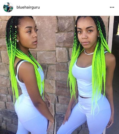 Neon Green | Embrace color with this classic protective style. Green Braids, Best Ombre Hair, Box Braid Hair, Curly Hair Braids, Blonde Box Braids, Short Box Braids, Jumbo Box Braids, Long Box Braids, Box Braids Styling