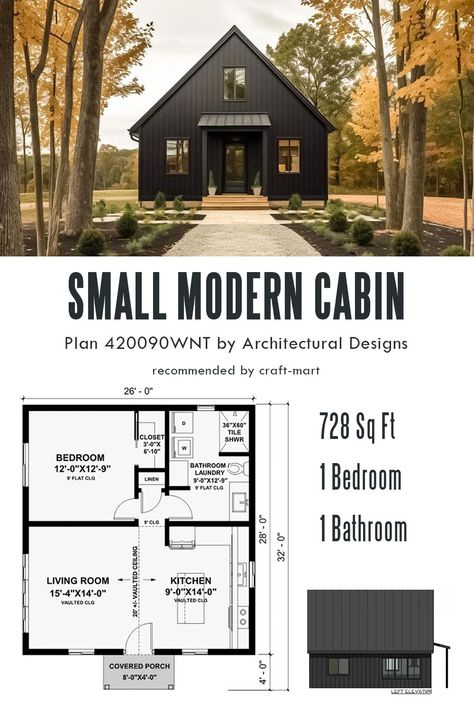 Camp House Ideas Interiors, Small Cabin House Plans Open Floor, Small Modern Cabin House Plans, Cabin Home Layout, Building A Small Cottage, Cabin Layout Small, Cabin 2 Bedroom Layout, One Bed Cabin Floorplan, One Room Barndominium