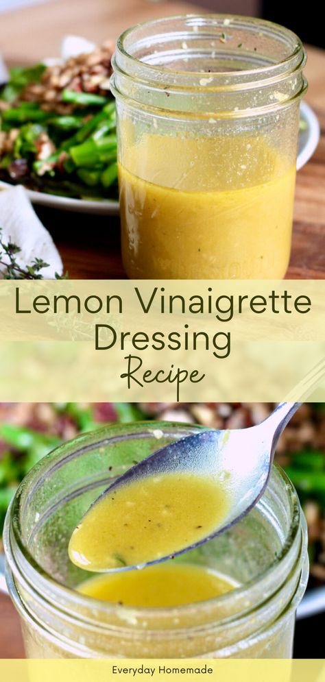 Try this simple homemade Lemon Vinaigrette Dressing recipe! This creamy, easy dressing combines fresh lemon juice, zest, garlic, thyme, olive oil, honey, and Dijon mustard for a healthy, sweet touch to your salads. Light and quick, it's the perfect homemade vinaigrette for spring salads, marinating, and more. Creamy Balsamic Vinaigrette, Lemon Vinaigrette Dressing, Elimination Diet Recipes, Lemon Tahini Sauce, Vinaigrette Dressing Recipe, Homemade Vinaigrette, Balsamic Vinaigrette Dressing, Vinaigrette Salad, Yummy Salads