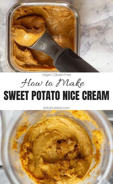 This Healthy Vegan Two Ingredient Sweet Potato Ice Cream Recipe is quick and easy to make - no churn required! Made with mashed sweet potato and banana, with optional spices to make it taste like pie in ice cream form! | @sinfulnutrition #sinfulnutrition #nicecreamrecipe #nochurnicecream #easyveganicecream Sweet Potato Ice Cream Recipe, Peanut Butter Sweet Potato, Sweet Potato Ice Cream, Potato Ice Cream, Freeze Sweet Potatoes, Healthy Dessert Recipes Easy, Butter Ice Cream, Seasonal Eating, Peanut Butter Ice Cream