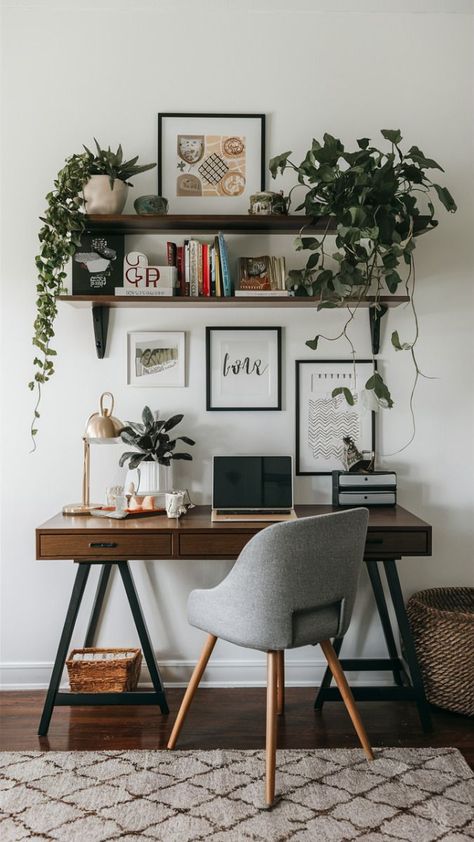 Desk Next To Couch Ideas, Fashion Home Office, Walnut Home Office, Studio Apartment Office Space Ideas, Dark Green Office Decor, Office Floating Shelves Above Desk, Home Office Setup Small Spaces, Spare Bedroom Office Ideas, Boho Office Room