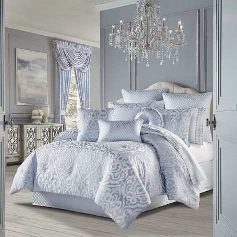 The Liana 4 Piece Comforter Set Bedding Collection is exquisite with its ornate, large scale design and sophisticated use of powder blue colors. This beautiful woven puff damask pattern is rich with its 3dimensional weave and luxurious satin finish. Weighted Comforter, Dream Bedrooms, Blue Comforter Sets, Blue Comforter, Queens New York, King Comforter Sets, Queen Comforter Sets, Bedding Stores, Queen Comforter