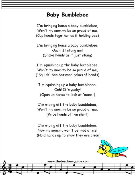 babybumble bee lyrics printout Baby Nursery Rhymes, Hand Clapping Songs, Fun Preschool Songs, Bug Songs For Toddlers, Spring Songs For Toddlers, Songs For Infants, Baby Bumble Bee Song, Daycare Songs, Prek Songs