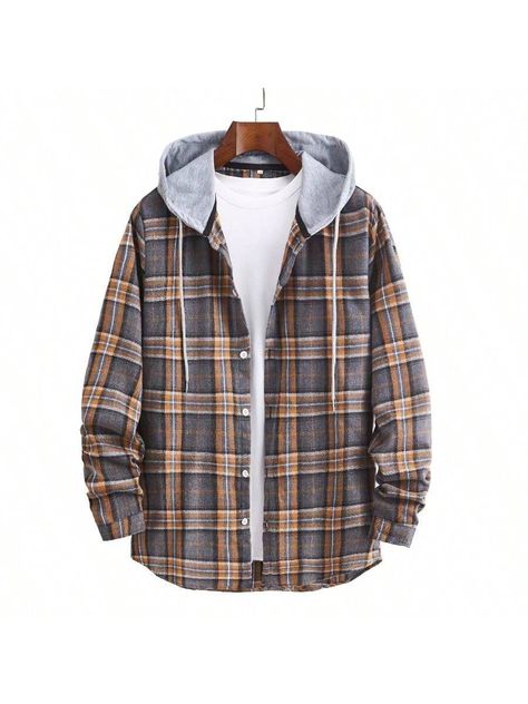 Men's Plaid Contrast Color Drawstring Hoodie Shirt Multicolor Casual  Long Sleeve Fabric Plaid Shirt Non-Stretch Spring/Fall Men Clothing, size features are:Bust: ,Length: ,Sleeve Length: Casual Street Wear, Plaid Shirt Men, Casual Athletic, Mens Plaid, Hooded Shirt, Men's Knit, Drawstring Hoodie, Inspiration Mode, Mens Outerwear