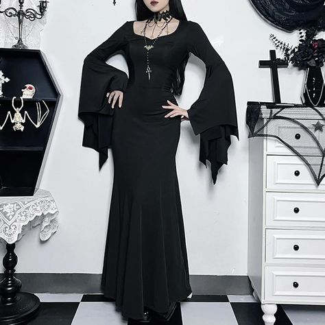 Women Halloween Dress Set with Hat & Gloves Long Sleeve Black Ladies Costume Dress Horror Gothic Gothic Halloween Dress, Morticia Addams Dress, Formal Gowns Evening Dresses, Addams Dress, Witch Vintage, Mermaid Formal Gowns, Halloween Skirt, Vintage Formal Dresses, Black Princess