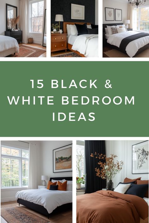 Get some elegant inspo for black and white bedrooms with these 15 ideas. Small Bedroom Decor Black And White, Black And White Bedroom Comforters, Coastal Black And White Bedroom, Black Wall White Bed, Black And White Neutral Bedroom, Black Bed Bedding Ideas, Black And White Master Bedrooms Decor, Black And White Bedroom Decor Ideas, White Bedroom Black Furniture