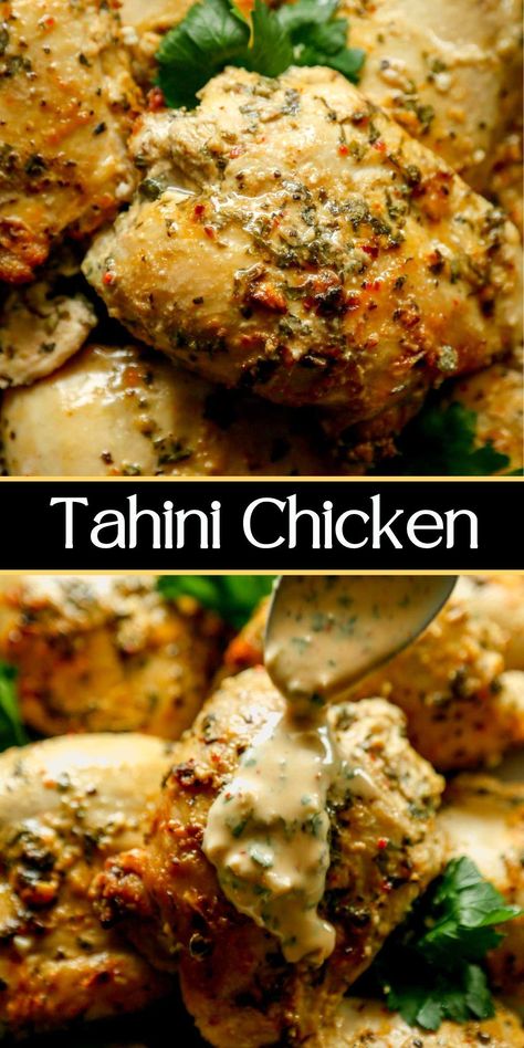 These chicken thighs with za'atar and tahini are a mouthwatering Mediterranean dish. Loaded with garlic, herbs, and spices, enjoy it as a wrap, on a hearty salad, or as the star of the meal. #tahinichicken #chicken #tahini #mediterranean Healthy Chicken Mediterranean Recipes, Mediterranean Grilled Chicken Salad, Meal Prep Chicken Thigh Recipes, Chicken And Tahini Recipes, Lemon Tahini Chicken, Low Carb Tahini Recipes, Spicy Mediterranean Recipes, Mediterranean Chicken Recipes Marinade, Medatrainian Recipes Dinners