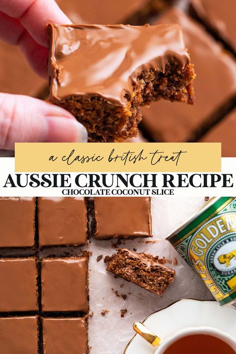 If you enjoy a chewy, crunchy chocolate candy bar, you'll love this Aussie Crunch recipe (aka coconut chocolate slice)! It's a classic British traybake that takes just 1 bowl and 10 minutes to whip up, and only 30 minutes to bake. Aussie Crunch Recipe, Chocolate Coconut Slice, Crunch Bars Recipe, Coconut Chocolate Bars, Crunch Recipe, Chewy Granola Bars, Chocolate Slice, Chewy Granola, British Desserts