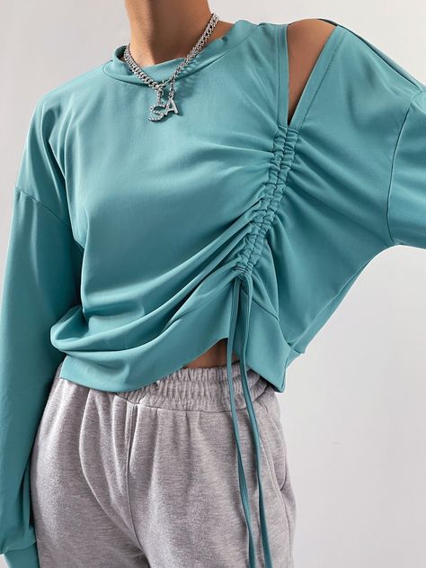 Cadet Blue Casual  Long Sleeve Cotton Plain Pullovers Embellished Slight Stretch Spring/Fall Women Sweatshirts Blue Casual Outfits For Women, Drawstring Shirt, Western Dresses For Women, Chic Dress Classy, Blouse Casual Fashion, Cadet Blue, Future Clothes, Women Sweatshirts, Tennis Fashion