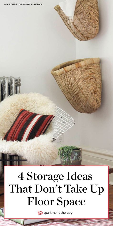 These four clever storage solutions don't take up any valuable floor space. #storage #storagetips #storageideas #storagehacks #baskets #hangingbaskets Hanging Storage Baskets On Wall, Wall Mounted Baskets, Diy Hanging Baskets Storage, Baskets On Wall For Storage, Creative Wall Storage, Hanging Wall Storage, Basket On Wall, Cardboard Decor, Hanging Basket Storage