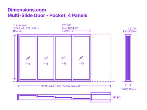 A multi-slide pocket door with 4 panels is a type of sliding door that consists of four individual panels that slide horizontally along a track system and disappear into a pocket within the wall. When fully opened, the panels slide seamlessly into the wall pocket, creating a wide opening that allows for a smooth connection between indoor and outdoor spaces. Downloads online #doors #slidingdoor #patio #construction #buildings Frameless Sliding Doors, Stacker Doors, Stacking Doors, Detail Arsitektur, Human Dimension, Folding Glass Doors, Door Plan, Elevation Drawing, Sliding Door Design