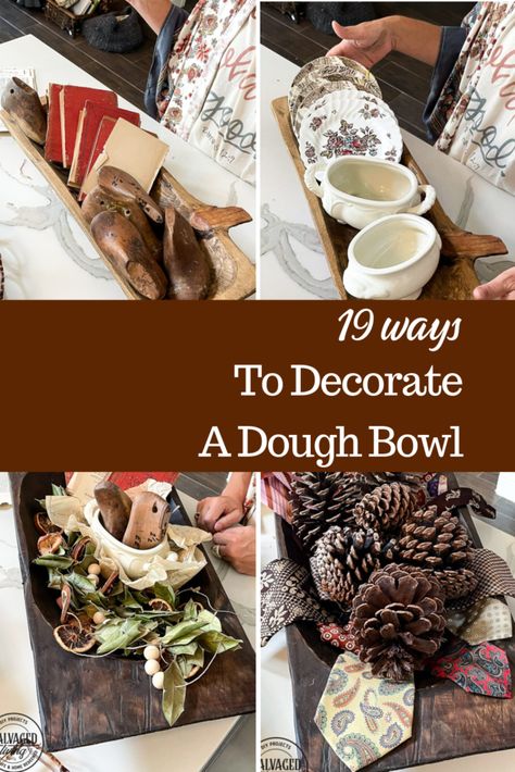 Dough Trough Decor, Dough Bowl Filler Ideas For Fall, Bread Bowl Fall Centerpiece, Oblong Wooden Bowl Decor, Dough Bowl On Coffee Table, How To Style A Wooden Dough Bowl, Dough Bowl Coffee Table Decor, Christmas Table Centerpieces Bread Bowl, Long Dough Bowl Decor Ideas