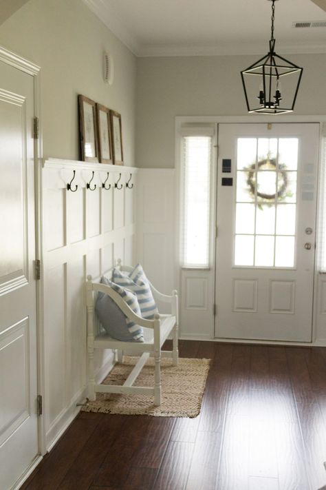 Entrance Board And Batten, Entryway With Board And Batten, Modern Board And Batten Wall Entryway, Batten Board Entryway, Hobby Lobby Entryway Ideas, Farmhouse Entryway Ideas With Bench, Outside Entryway Ideas, Coat Hanging Ideas Entryway, Entryway Board And Batten Wall