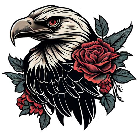 Traditional American Tattoo Classic American Tattoos Black And White, Eagle And Rose Tattoo Design, Eagle With Rose Tattoo, American Eagle Tattoo Design, Eagle Tattoo American Traditional, Eagle Flower Tattoo, Eagle And Rose Tattoo, Trad Eagle Tattoo, Eagle And Flag Tattoo