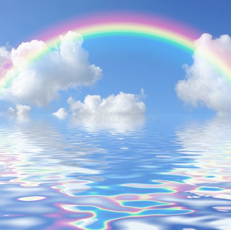 Rainbow Seascape. Abstract of a blue sky with a rainbow and cumulus clouds, refl , #AFF, #blue, #sky, #Abstract, #Rainbow, #Seascape #ad Photoshoot Backdrops, Y2k Background, Rainbow Aesthetic, Rainbow Wallpaper, Sky Aesthetic, Blue Aesthetic, Aesthetic Backgrounds, A Rainbow, 그림 그리기