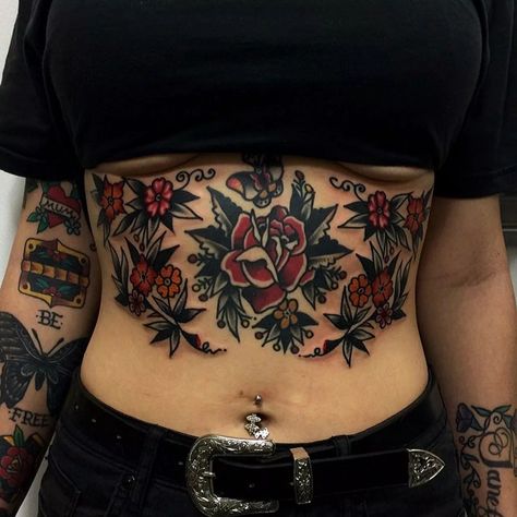 Traditional Floral Sternum Tattoo | Tattoo Ideas and Inspiration Traditional Rib Tattoo, Hayley Tattoo, Girl Stomach Tattoos, Skin Pictures, Lower Stomach Tattoos, Heavily Tattooed, Stomach Tattoos Women, Bauch Tattoos, Neotraditional Tattoo