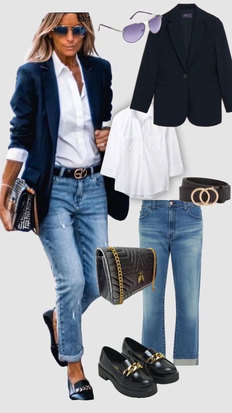 #myfirstshuffle Penny Loafer Outfits Women Fall, Business Casual Blue Jeans, Early Fall Jeans Outfits, Jennifer Aniston Wardrobe, Edgy Fashion For Over 50, Blazer And Tee Shirt Outfit Women, Outfits With Denim Vests For Women, J Crew Lady Jacket Outfit, Snappy Casual Outfits For Women