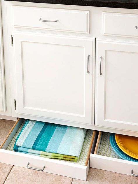 Toe-Kick Storage Drawers Kitchens Without Upper Cabinets, Small White Kitchens, Storing Towels, White Kitchens, Storage Wall, New Kitchen Cabinets, Small Room Design, Cabinet Space, Kitchen Cabinet Storage