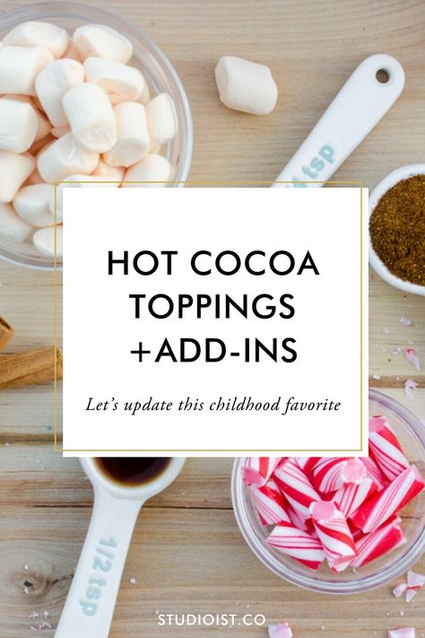 Hot Cocoa Toppings   Add-Ins — Shalan Trotz Premo - Studioist #Studioist #ShalanTrotz #HotCocoa Hot Cocoa Add Ins, Hot Chocolate Add Ins, Hot Cocoa Toppings, Hot Chocolate Toppings, Chocolate Peppermint Bark, Healthy Dessert Recipes Easy, Candied Ginger, Hot Cocoa Bar, Healthy Desserts Easy