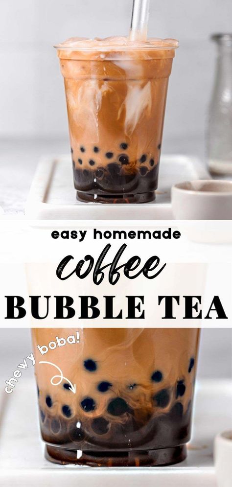 This rich and creamy Coffee Milk Bubble Tea is sweetened with sticky brown sugar boba pearls. It’s the perfect fusion of strong, aromatic black tea and bold coffee (or espresso if you prefer a more intense flavor), combined with your choice of milk. This recipe is fully customizable, so you can adjust the sweetness and ice to suit your taste. I used oat milk to make this dairy free and vegan. Hot Boba Drinks, Coffee Boba Recipe, Iced Coffee Flavor Ideas, Boba Pearls Recipes, Boba Milk Tea Recipe, Coffee Bubble Tea, Milk Tea Recipe, Brown Sugar Boba, Boba Tea Recipe