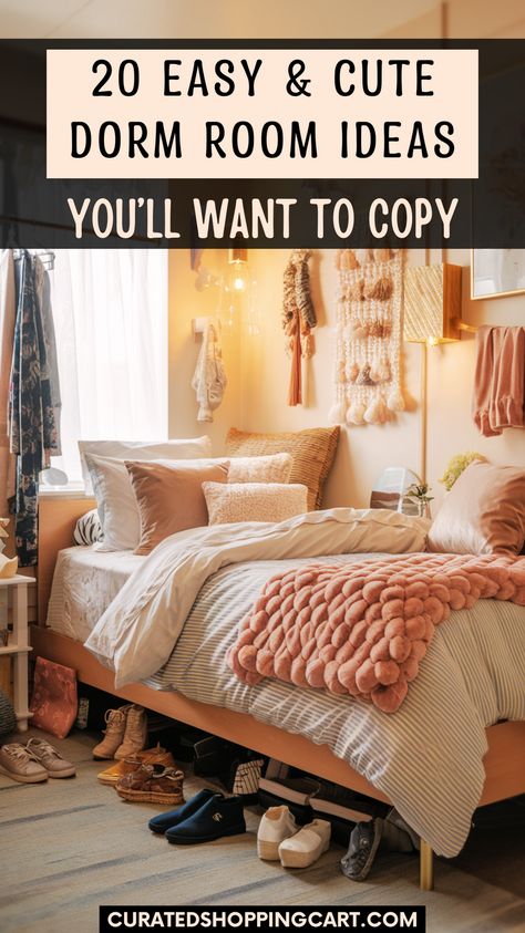 Transform your dorm with these 20 easy and cute dorm room ideas for girls! Learn how to make a boho canopy bed, set up a vertical herb garden, and create a customized bulletin board. These simple and affordable decor tips will make your space feel like home. Easy dorm room ideas, cute dorm decor, affordable dorm decor, boho dorm ideas, dorm room transformation, stylish dorm rooms, cute dorm room decorating ideas, dorm decorating ideas, college dorm room ideas, trendy dorm decor, cute dorm hacks. Single College Dorm Room Ideas, Dorm Room Ideas Trendy, Dorm Room Transformation, Girl Dorm Room Ideas, Lofted Bed Dorm Room Ideas, Room Ideas Trendy, Cute Dorm Decor, Purple Dorm Rooms, Purple Dorm