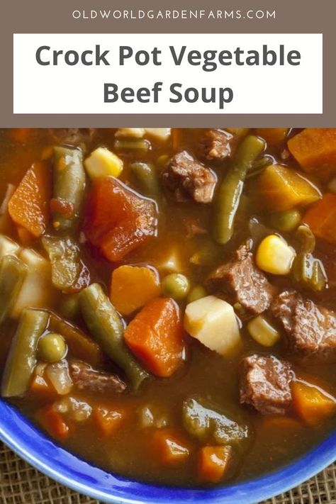 Chunks of beef cooked in a tomato-based sauce with both fresh and frozen vegetables equal one delicious and hearty dinner! And the best part is that you don't have to stand over a hot stove for hours on end while this Vegetable Beef Soup simmers since you can let your crockpot do the cooking for you with this recipe! Beef Vegetable Soup Crock Pot Easy, Crockpot Veg Beef Soup, Paula Deen Vegetable Beef Soup, Beef Soup Crockpot, Crock Pot Vegetable Beef Soup, Veg Beef Soup, Fall Vegetable Soup, Camp Soup, Roast Soup