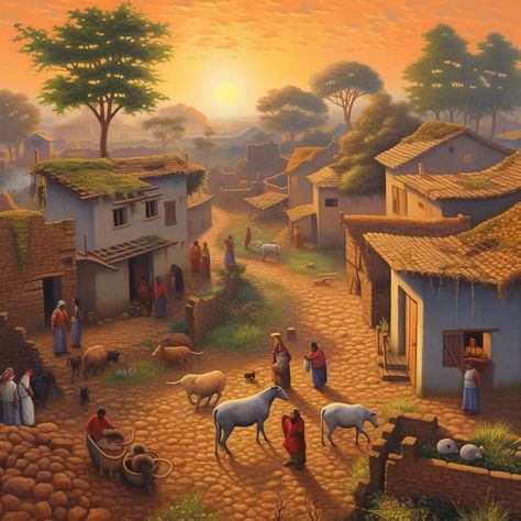 Village Culture Painting, Nature, Painting Of Village Scene, Village Picture Drawing, Village Background Images, African Village Photography, Nature Village Photography, Village Scene Drawing Paintings, Village Market Scene Drawing