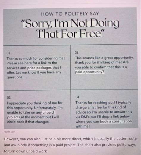 How to politely tell someone you will not work for free. Any photographers, gig workers, service workers, or artists relate? Don’t let yourself get taken advantage of! 😉 How To Politely Tell Someone Off, Taken Advantage Of Quotes Work, Taken Advantage Of Quotes, Gig Workers, Youtube Hacks, Say Sorry, Better Communication, Leaving Work, Essay Writing Skills