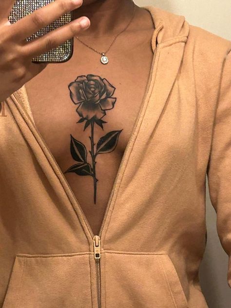 Chest Tattoo Female Upper Cover Up, Rose Chest Tattoos Female, Thigh Tattoos Women Black Woman, Tattoo On Sternum, Torso Tattoos For Women, Thigh Tattoos Women Black, Cute Thigh Tattoos, Girl Thigh Tattoos, Arm Sleeve Tattoos For Women