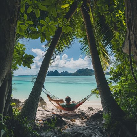 Hammock Beach Relaxation: A tranquil escape between two palms, overlooking the serene beach and crystal blue waters from a hammock. #beach #relaxation #hammock #palms #tranquility #ocean #nature #getaway #aiart #aiphoto #stockcake https://ayr.app/l/iHFk Relaxing On A Beach, Hammock Photos, Beach Relaxation, Hammock Beach, Beach Hammock, Ocean Nature, Exotic Places, Crystal Blue, Refreshing Cocktails