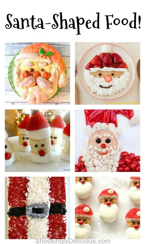 Santa-Shaped Food: There’s always room for a splendid Santa at the table anytime during December, whether for breakfast, lunch, appetizer or dessert! Collection of recipes to help you put Santa-ize your meals. #shockinglydelicious #santafood #santashape #santarecipes #Christmasrecipes Santa Claus Veggie Tray, Santa Appetizers Holidays, Reindeer Shaped Food, Santa Dessert Ideas, Santa Shaped Food, Santa Themed Food, Santa Food Ideas, Christmas Shaped Food, Santa Appetizers