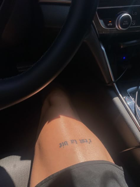 Tatoos Men Thigh Ideas, Guys With Thigh Tattoos, Guy Tattoos Thigh, Men Upper Leg Tattoo, Mens Simple Thigh Tattoos, Rear Leg Tattoo, Patchwork Word Tattoo, Thigh Tats Men Simple, Mens Hip Tattoo Ideas