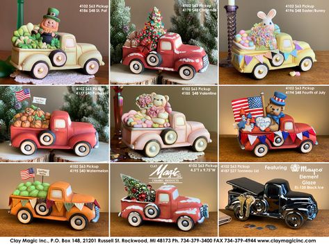 Clay Magic - Catalog - Page 262 Scarecrow Hay Bale, Clay Magic Ceramics, Ceramic Truck, Pin Lights, Market Cart, Ceramic Trees, Truck Crafts, Clay Slip, Ceramic Projects