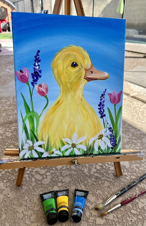 Spring Duckling - Acrylic Painting Tutorial Ilse Crawford, Fashion Motivation, Easter Canvas, Easter Paintings, Nature Lifestyle, Baby Duck, Glasgow School, Cute Canvas Paintings, Blue Sky Background