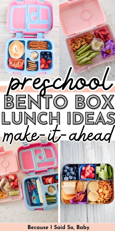 Preschool Bento Box Lunch Ideas | make-ahead lunchbox ideas | easy lunch ideas for preschoolers! #preschool #bento #box #lunchbox #lunch #ideas #easy #healthy #makeahead via @becausebaby Easy Toddler Packed Lunch, Picky Preschool Lunches, Healthy Lunch Ideas For Kindergarteners, Kids Meal Prep Lunch Boxes, Easy Toddler Lunches For School, Preschool School Lunch Ideas, Bento Box Lunch For Preschoolers, Pre K Bento Lunch Ideas, School Lunch Ideas For Preschoolers