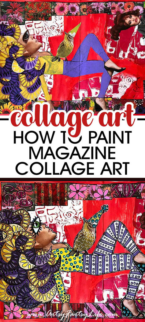 How To Paint On Magazine Collage - Mixed Media Tips Stencil Collage Art, Painting On Magazine Pages, Collage Art Material, Paint Collage Ideas, Mixed Art Media, Art Journal Mixed Media, Abstract Collage Art Mixed Media, Multi Media Collage, How To Collage