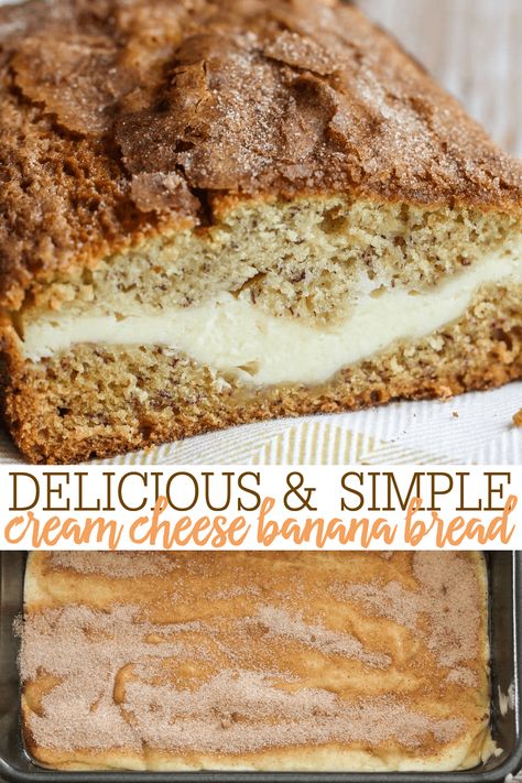 No yeast involved for this yummy cream cheese banana bread! Delicious, simple and topped with cinnamon and sugar. #creamcheesefilledbananabread #bananabread #creamcheesebread #breadrecipe #bananabreadrecipe Banana Walnut Cream Cheese Bread, Banana Nut Bread With Cream Cheese, Banana Bread With Cream Cheese Filling, Banana And Cream Cheese Recipes, Banana Bread Recipe Cream Cheese, Carmel Cream Cheese Bread, Nana Bread Recipes, Caramel Cream Cheese Bread, Banana Cream Cheese Bread