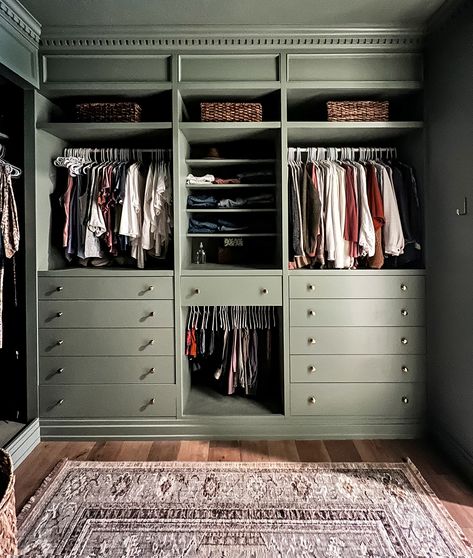 Unbelievable Ikea Pax Primary Closet Reveal | Built In Bedroom Closet Wall, Green Built In Closet, Armoire In Closet, Ikea Ipax, Desk In Master Closet, Olive Green Closet, Dresser In Master Closet, Closet Aesthetic Ideas, Green Closet Aesthetic