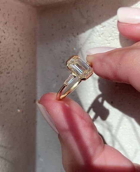 Frank Darling, Retro Engagement Rings, Agate Wedding Ring, Baguette Side Stones, Engagement Ring Inspiration, Cute Engagement Rings, Elongated Cushion, Bezel Engagement Ring, Future Engagement Rings