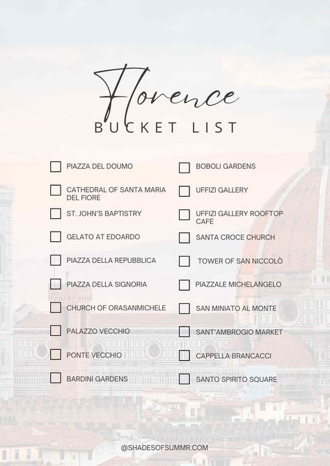 florence bucket list with picture of duomo in background Italy Travel Florence, Florence To Do List, Florence Italy Bucket List, Pisa Bucket List, Florence Itenary, Florence In February, Tuscany Bucket List, 3 Days In Florence Italy, Best Things To Do In Florence Italy