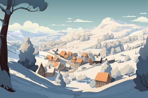 Background Winter Village Snowy Village Illustration, Snow Landscape Concept Art, Snowy Village Art, Snowy Mountains Illustration, Snowy Village Fantasy Art, Winter Village Aesthetic, Sapin Illustration, Winter Village Illustration, Snow Mountain Village