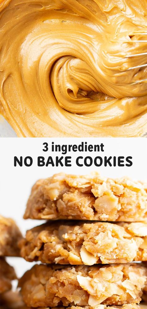 The EASIEST recipe for 3 ingredient no bake peanut butter cookies! Just a few minutes of prep for chewy ‘n satisfying vegan no bake cookies packed with rolled oats and creamy peanut butter. The best 3 ingredient no bake cookies! Cookies 3 Ingredients, No Bake Peanut Butter Cookies, Healthier Cookies, Beaming Baker, Peanut Butter No Bake Cookies, Butter Oatmeal Cookies, Peanut Butter No Bake, Peanut Butter Oatmeal Cookies, Baking Recipes Cookies