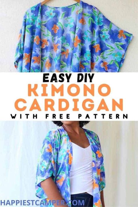 We have the perfect idea to freshen up your closet! Make this Easy DIY Kimono Cardigan With Free Pattern! This cute and flowy top goes great with so many styles and colors. You can dress it up or down as needed. Pick out your favorite fabric and use the included free pattern to sew this in about an hour! Sewing project tutorial. Easy DIY Kimono Cardigan With Free Pattern Kimono Sewing Pattern Free Tutorials, How To Sew Kimono, Diy Jacket Sewing Free Pattern, Sewing Cardigan Pattern, Kimono Tutorial How To Make, Free Kimono Pattern, Flowy Top Sewing Pattern, Free Kimono Sewing Pattern, Free Cardigan Sewing Pattern