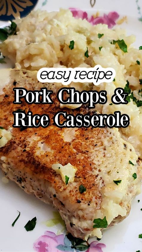 Looking for a cozy, comforting dinner idea? Try this Baked Pork Chop and Rice Casserole! Juicy, tender pork chops are baked to perfection with a creamy rice mixture. This one pot meal takes just a few simple ingredients to prepare and it out of the oven in about an hour. That makes this a family favorite that is perfect for those busy weeknights. A home cooked meal on the table that even those picky eaters will love. Enjoy! Cube Pork Chop Recipes, Pork Chops Rice Casserole, Pork Chop And Rice Casserole With Cream Of Mushroom Soup, Rice And Pork Chops Recipes, Pork Chop With Rice Recipes, Pork Chops And Minute Rice Casserole, No Peek Pork Chops And Rice Oven, No Peek Pork Chops And Rice, Pork Chops And Stuffing In The Oven