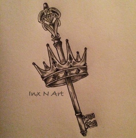 Key / Crown tattoo sketch design / ideas by - Ranz Key Tattoo Designs Men, Crown Key Tattoo, Key Tattoo Men, Butterfly Key Tattoo, Harry Potter Key Tattoo, Steampunk Key Tattoo, Heart Key Tattoo Designs, Key Tattoos For Women, Antique Key Tattoos